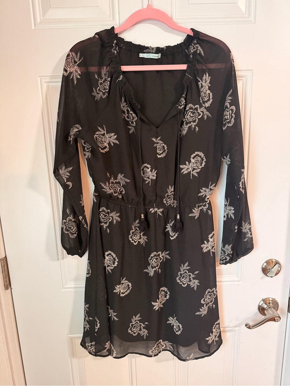 Maurices Black Floral Long-Sleeve Tie-Front Dress
